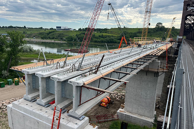 Forming deck for three of 12 spans  Forming deck for three of 12 spans