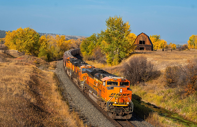 A BNSF grain train near Jens, Montana
