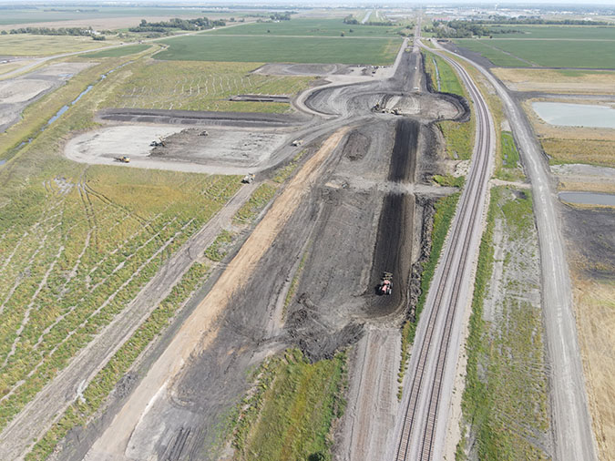 A temporary shoofly routes rail traffic around the location where the new bridge is to be built on BNSF’s KO Subdivision.   A temporary shoofly routes rail traffic around the location where the new bridge is to be built on BNSF’s KO Subdivision.