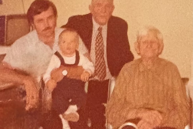From left: Jason’s father Danny Maxfield, Jason Maxfield, great-grandfather Walter Swanson and great-great grandfather August Swanson at age 103