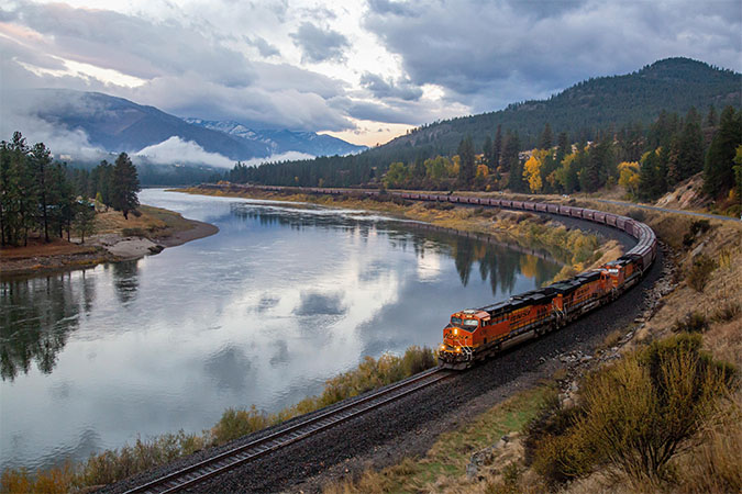 A BNSF grain train winds through southern Montana.  A BNSF grain train winds through southern Montana.