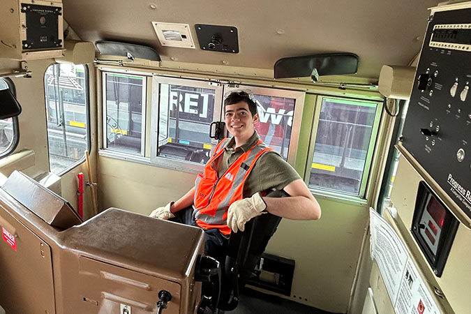 Alex Walker gets the chance to sit in a locomotive cab.  Alex Walker gets the chance to sit in a locomotive cab.